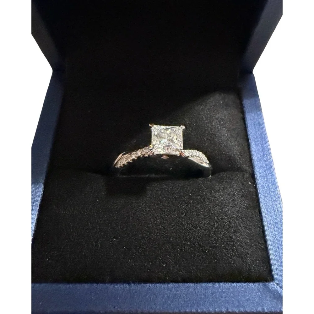 NEW Genuine Moissanite Princess Cut Twisted Band Engagement Ring Silver Size 7